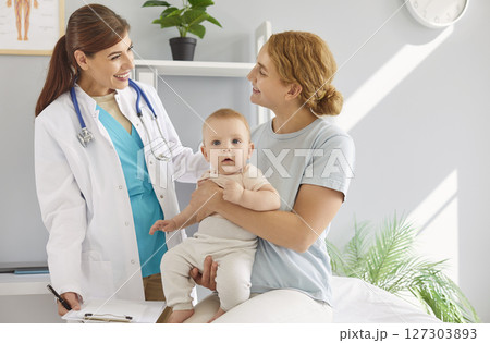 Young mother with child baby talking with pediatrician doctor on consultation in clinic Young mother with child baby talking with pediatrician doctor on consultation in clinic 127303893