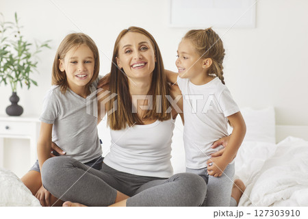 Happy family weekend morning, laughing cute kid girl, boy, loving mother portrait, spending together 127303910