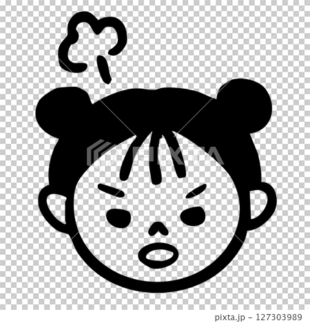 Angry girl, illustration of a child's angry face, female elementary school student, black and white Angry girl, illustration of a child's angry face, female elementary school student, black and white 127303989