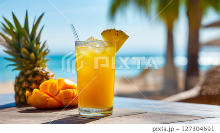 Chilled mango pineapple juice in glass with ice and fruit slice on tropical beach background creates perfect summer refreshment. Juice and pineapple repeated for exotic vacation feel 127304691