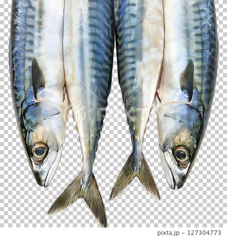 Four Fresh Mackerel Fish Displaying Iridescent Blue and Silver Scales. 127304773