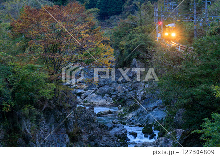 夕刻の川代渓谷を福知山線の列車が駆け抜ける 夕刻の川代渓谷を福知山線の列車が駆け抜ける 127304809