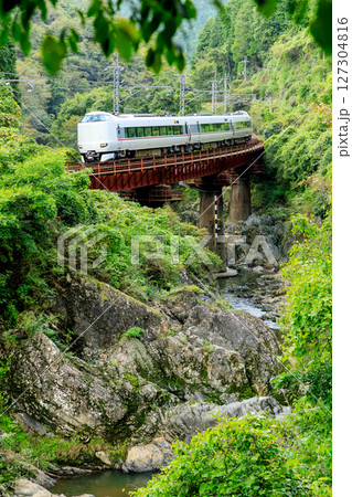 深緑の川代渓谷に架かる第1篠山川橋梁を福知山線の特急列車が駆け抜ける 127304816