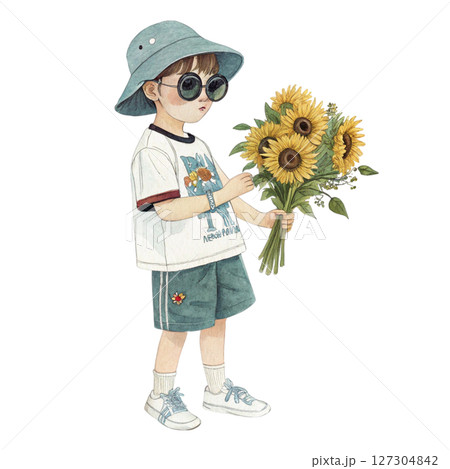 Boys in Fashion Sunglasses Holding Summer Flowers white background Boys in Fashion Sunglasses Holding Summer Flowers white background 127304842