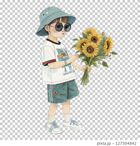 Boys in Fashion Sunglasses Holding Summer Flowers white background Boys in Fashion Sunglasses Holding Summer Flowers white background 127304842