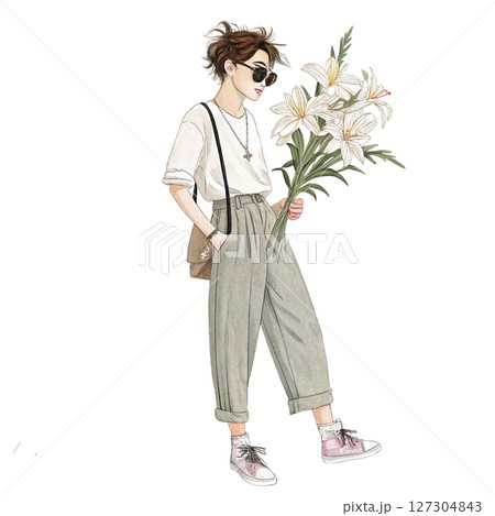 Boys in Fashion Sunglasses Holding Summer Flowers white background 127304843
