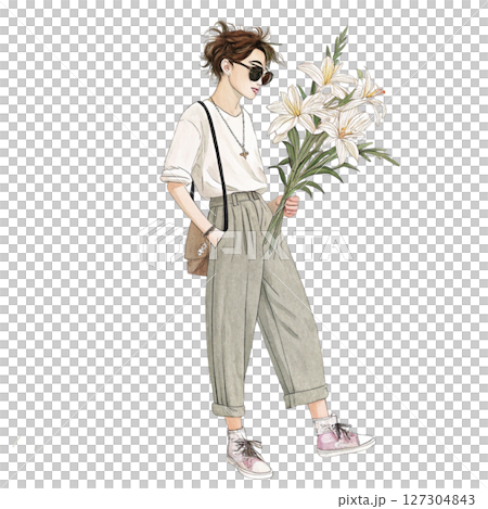 Boys in Fashion Sunglasses Holding Summer Flowers white background 127304843