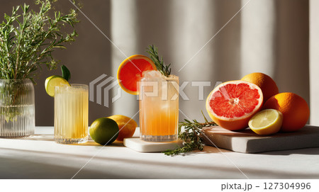 Refreshing citrus cocktails with lime, lemon, grapefruit and rosemary served in tall glasses on a sunlit table Refreshing citrus cocktails with lime, lemon, grapefruit and rosemary served in tall glasses on a sunlit table 127304996