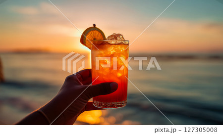 Iced tequila sunrise cocktail held in hand against glowing ocean sunset, glass filled with crushed ice and orange slice, cocktail repeated for cool refreshment, tropical travel concept 127305008