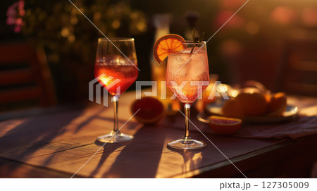 Refreshing summer cocktails with orange slices and ice on a table glowing in warm sunset light 127305009