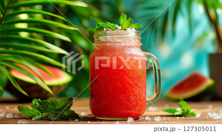 Chilled watermelon cooler with mint leaves and crushed ice served in mason jar, surrounded by palm leaves and fruit on wooden table, vibrant red drink evokes tropical summer refreshment and freshness 127305011