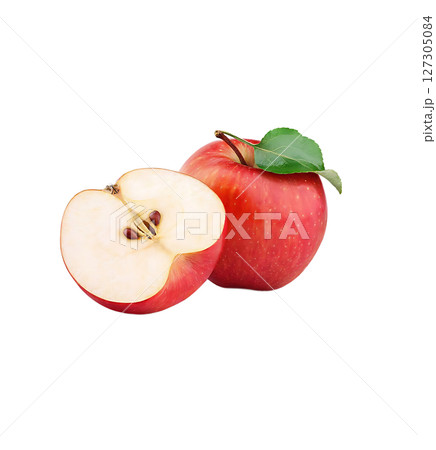 Freshly Cut Apple with Leaf Showing Seeds and Red Skin Detail. 127305084