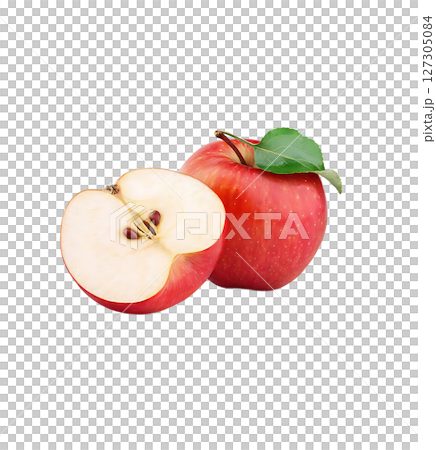 Freshly Cut Apple with Leaf Showing Seeds and Red Skin Detail. 127305084