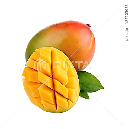 Juicy Mango Slices and Whole Fruit Display. 127305088