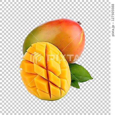 Juicy Mango Slices and Whole Fruit Display. 127305088