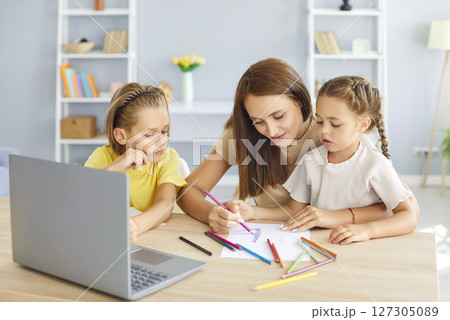 Mother sitting at table with laptop with children and drawing at home during online class Mother sitting at table with laptop with children and drawing at home during online class 127305089