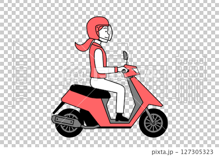 A young woman riding a moped through the city A young woman riding a moped through the city 127305323