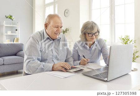 Elderly Couple Working Together At Home With Laptop 127305398
