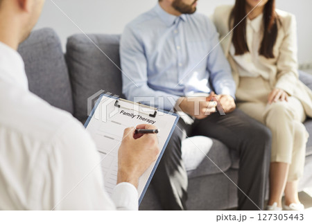Family Couple Receiving Support From Psychologist In Therapy Session 127305443