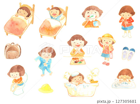 子どもの一日・生活習慣イラストセット｜起床・歯磨き・登園・食事・入浴・就寝 127305681