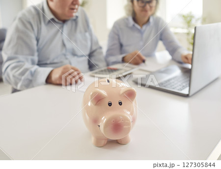 Senior couple sitting at table with piggy bank and calculating finances or taxes at home. 127305844