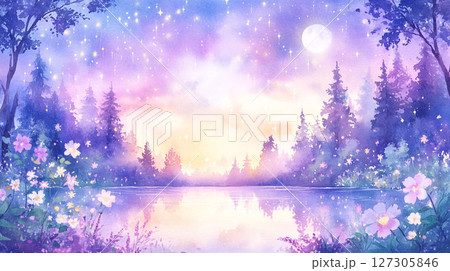 星降る湖と月明かりの森の幻想風景 星降る湖と月明かりの森の幻想風景 127305846