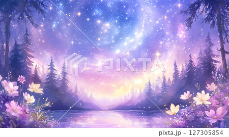 星降る夜と幻想的な湖の風景 星降る夜と幻想的な湖の風景 127305854