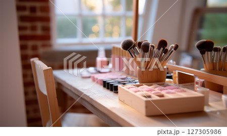 Professional beauty workspace featuring makeup artistry tools and products 127305986