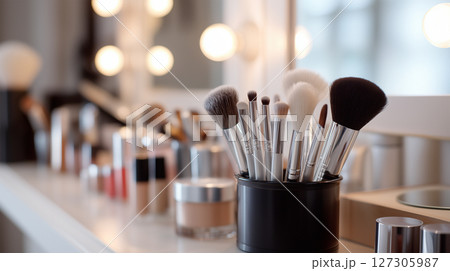 Professional makeup artist brushes in beauty salon workspace environment 127305987