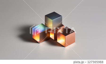 Futuristic beauty concept with holographic metallic cubes and rainbow reflections 127305988