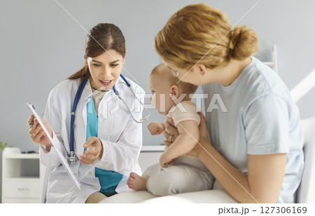Pediatrician Assists Mother And Baby With Care In Clinic Or Hospital 127306169