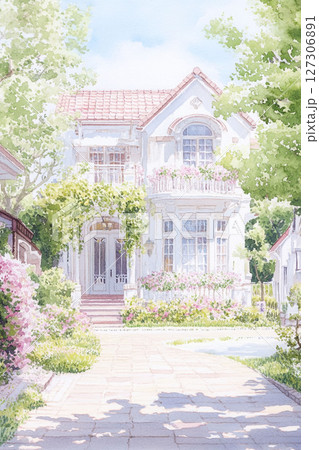 花と緑に包まれた白い洋館の風景 127306891