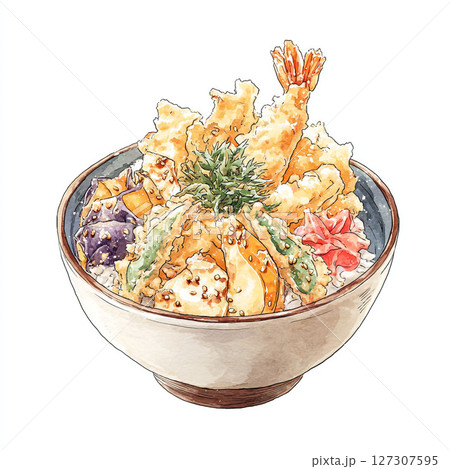 海老と野菜の天丼を描いたイラスト 127307595