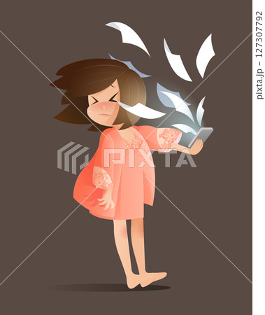 Cartoon of a shocked office lady in nightwear as documents burst from her phone, showing email stress 127307792
