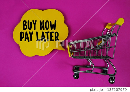 Buy Now Pay Later text with speech bubble and trolley shopping cart on pink background Buy Now Pay Later text with speech bubble and trolley shopping cart on pink background 127307979