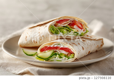 Tortilla Wraps Stuffed with Fresh Veggies 127308110