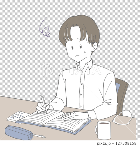 Man writing in notebook 3 Dissatisfaction Manga symbol 127308159