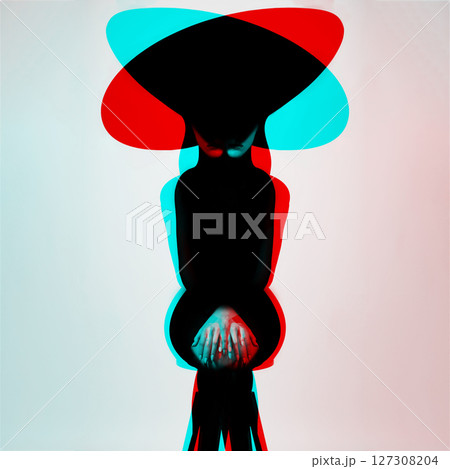 Abstract woman black silhouette with big hat in RGB color effect split Abstract woman black silhouette with big hat in RGB color effect split 127308204