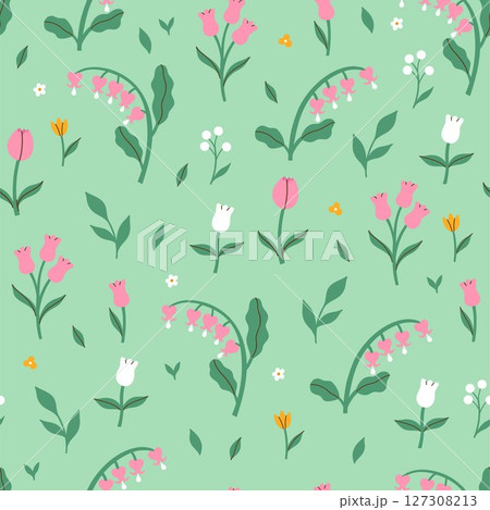 Simple seamless pattern with pink flowers on a light green background. Vector graphics. 127308213