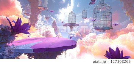 Floating Birdcages Among Dreamy Clouds and Vibrant Flowers 127308262