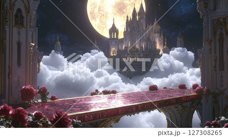 Fantasy Castle in Clouds Under Full Moon with Roses in Foreground 127308265