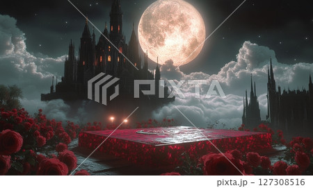 Enchanted Castle Among Clouds with Full Moon and Dark Roses 127308516