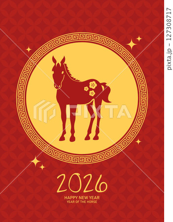 Foal horse on chinese circle frame card Foal horse on chinese circle frame card 127308717