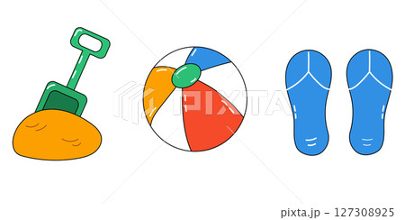 Beach elements set. Retro summer set. Trip to the sea. Travel collection. Beach elements set. Retro summer set. Trip to the sea. Travel collection. 127308925