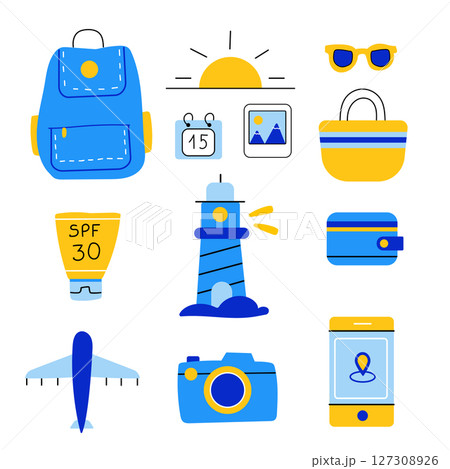 Travel set with lighthouse, camera, backpack and sunglasses. Adventure set. Trip to the sea. 127308926