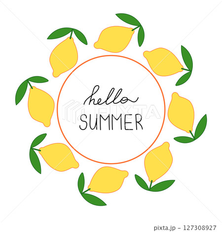 Hello summer round frame with lemons. Bright lemons in wreath Hello summer round frame with lemons. Bright lemons in wreath 127308927