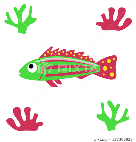 Bright tropical fish with corals. Exotic green fish with colorful corals. Bright tropical fish with corals. Exotic green fish with colorful corals. 127308928