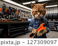 Serious ginger cat mechanic in overalls holding wrench and standing against garage background, copy space with scene for branding or humorous advertisement of car repair service 127309097