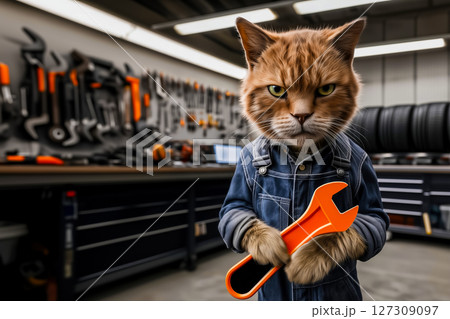 Serious ginger cat mechanic in overalls holding wrench and standing against garage background, copy space with scene for branding or humorous advertisement of car repair service Serious ginger cat mechanic in overalls holding wrench and standing against garage background, copy space with scene for branding or humorous advertisement of car repair service 127309097