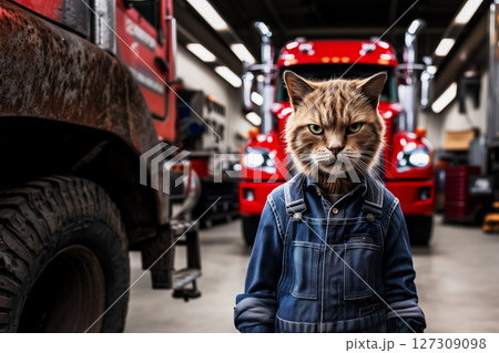 Cartoon angry cat in work clothes in garage with trucks, humorous concept for advertising of car service and auto repair shops 127309098